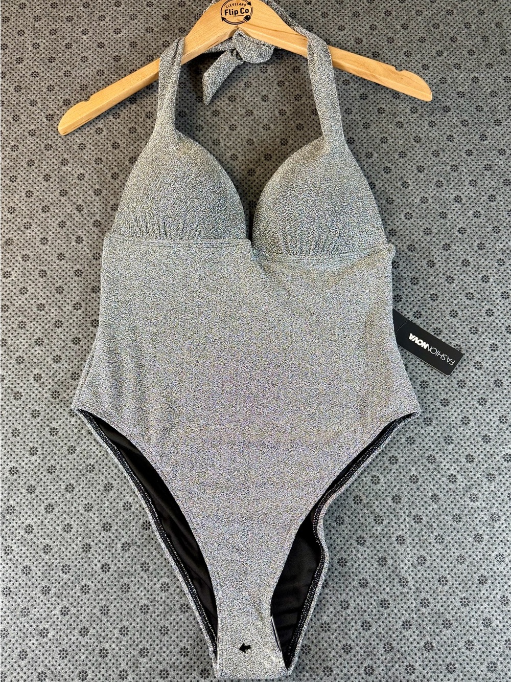 Fashion Nova Silver Glitter Halter One-Piece Swimsuit